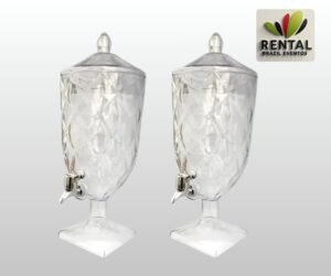 Suqueira elegante para aluguel, ideal para eventos, festas e confraternizações. Recipiente transparente com design sofisticado, perfeito para servir sucos, águas aromatizadas e bebidas refrescantes, agregando praticidade, organização e um toque refinado à mesa decorada.