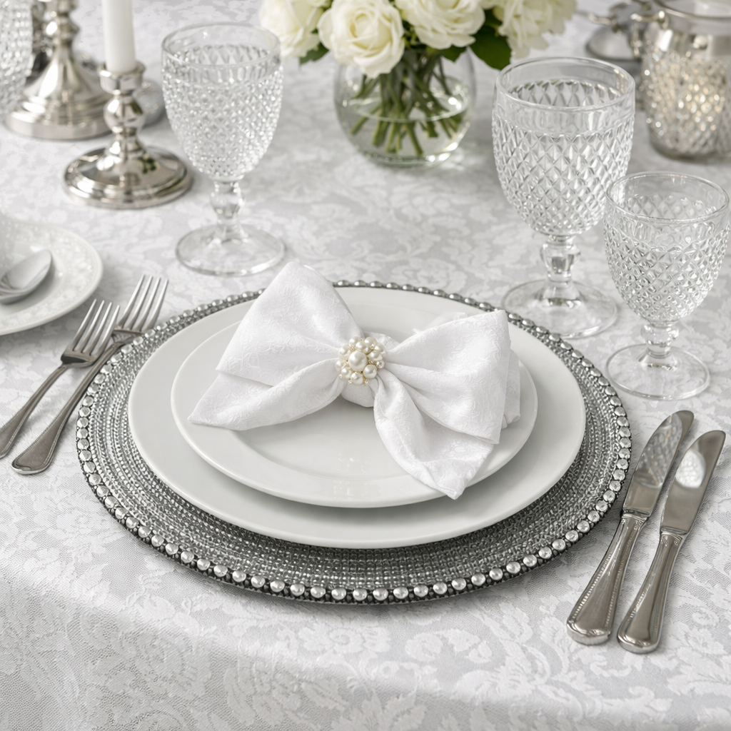 a mais completa linha para Mesa posta para eventos com pratos, talheres, taças e sousplats organizados de forma elegante, ideal para festas, casamentos e eventos corporativos.